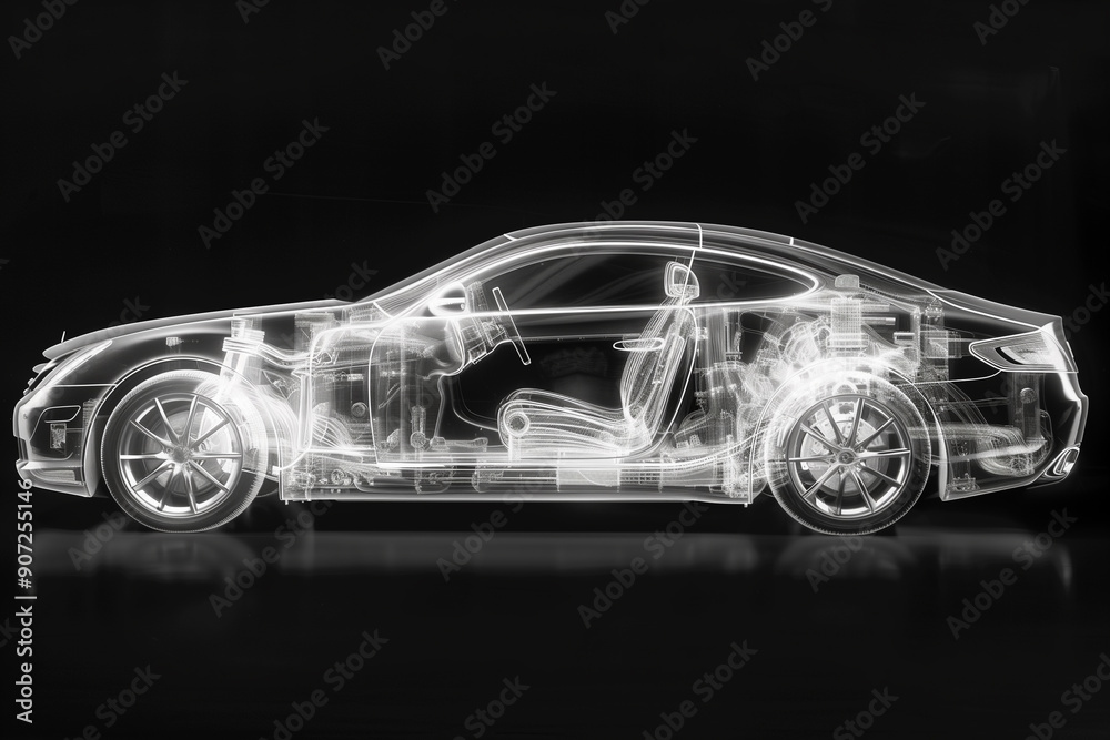 Naklejka premium X-ray of car chassis on black background