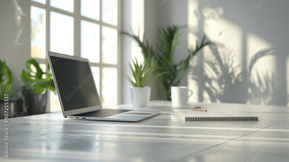 a clean and modern office workspace with a laptop and notepad, soft natural light a clean and modern office workspace with a laptop and notepad, soft natural light