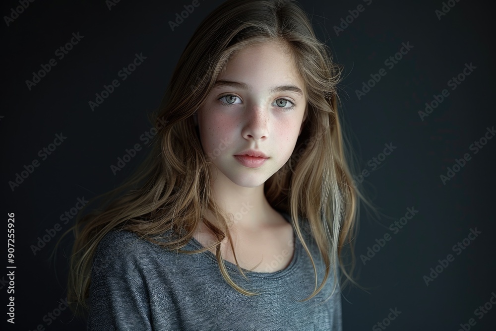 A young girl wearing a gray shirt and having long hair, suitable for various editorial uses