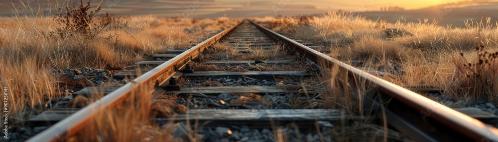 Obraz premium Remote Train Tracks in a Dry and Isolated Landscape, A Serene and Solitary View of Abandoned Railroad, Golden Hour Light on Rails and Grasses, Countryside Scenery, Empty Track, Remote Location, Dry
