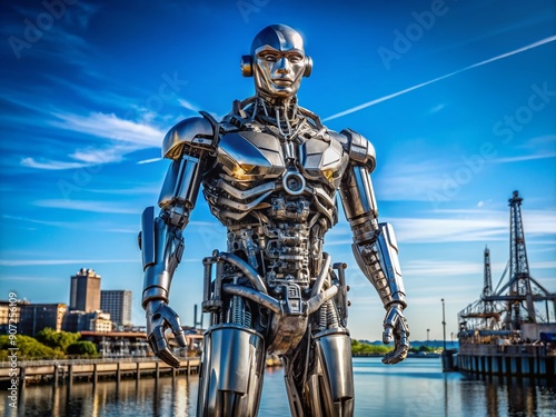Life-size mechanized humanoid statue stands tall at waterfront factory, its sleek metallic body and intricate details mesmerizing against a bright blue sky backdrop.