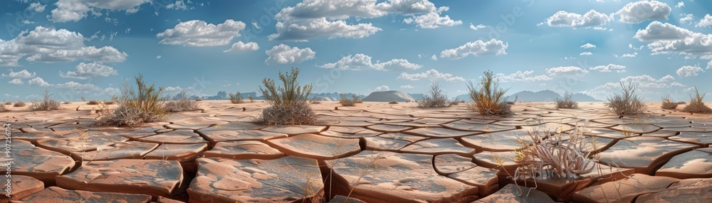 Obraz premium Overcast Sky Over Cracked, Dry Desert Landscape with Scattered Vegetation, Arid Scenery, Overcast Arid Scenery, Dry Environment