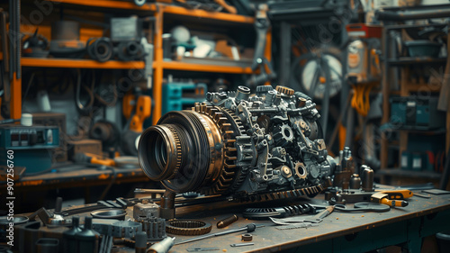 Car automatic transmission gearbox dismantled on workbench in auto repair shop photo