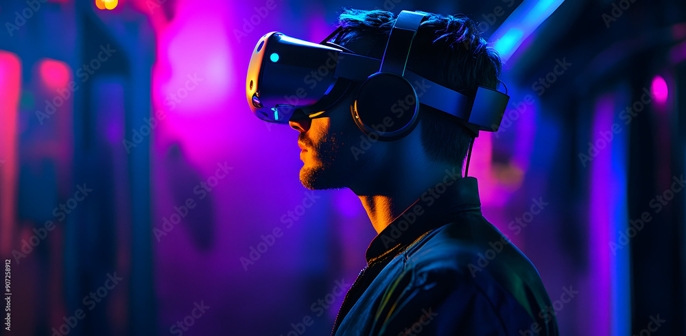 Young Man Wearing VR Glasses Immersed in the Virtual World Young Man Wearing VR Glasses Immersed in the Virtual World