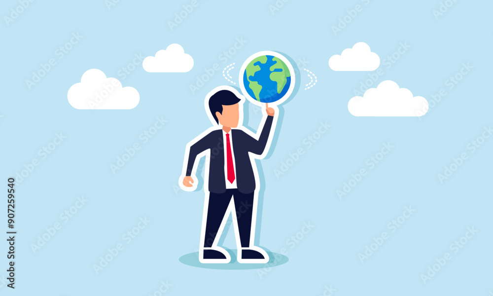 Global business leadership in world economy, power to control and succeed in the global network, concept of A smart businessman manager spins the globe on his strong finger Global business leadership in world economy, power to control and succeed in the global network, concept of A smart businessman manager spins the globe on his strong finger