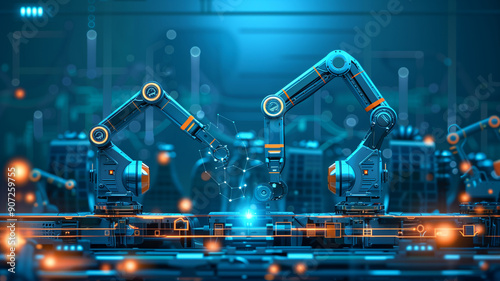 Automotive car industry factory with IoT automated autonomous robot arm on 5G system. Industrial revolution background