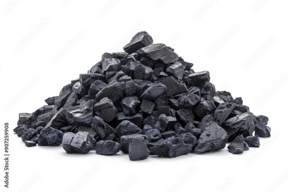 A pile of black coal sits on a clean white surface, often used in industrial or scientific contexts A pile of black coal sits on a clean white surface, often used in industrial or scientific contexts