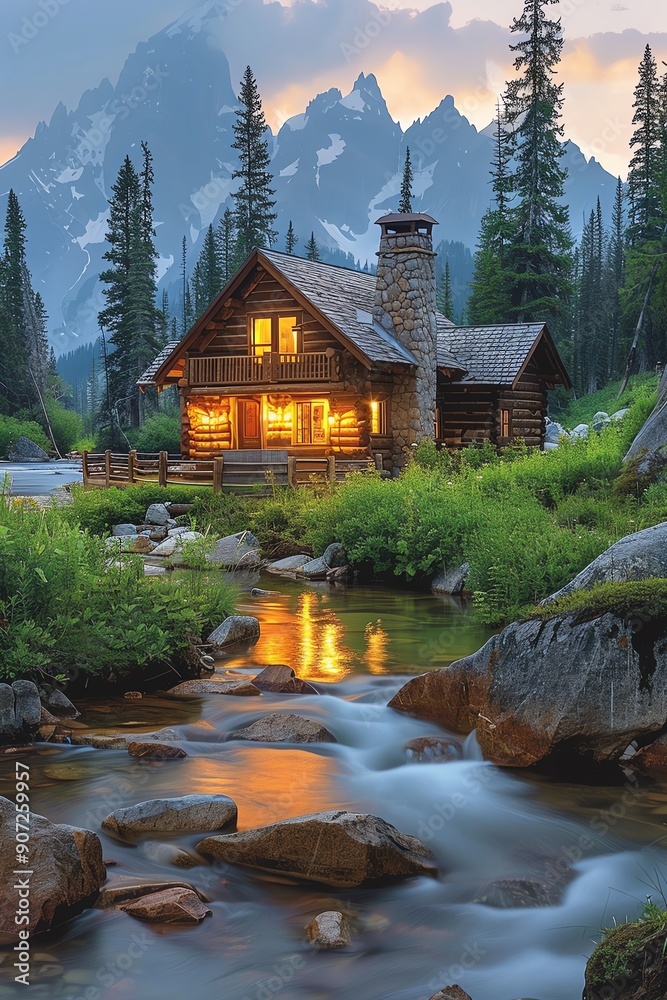 Fototapeta premium Cozy cabin by a serene river, lush green meadow, tall pine trees, tranquil mountain scenery