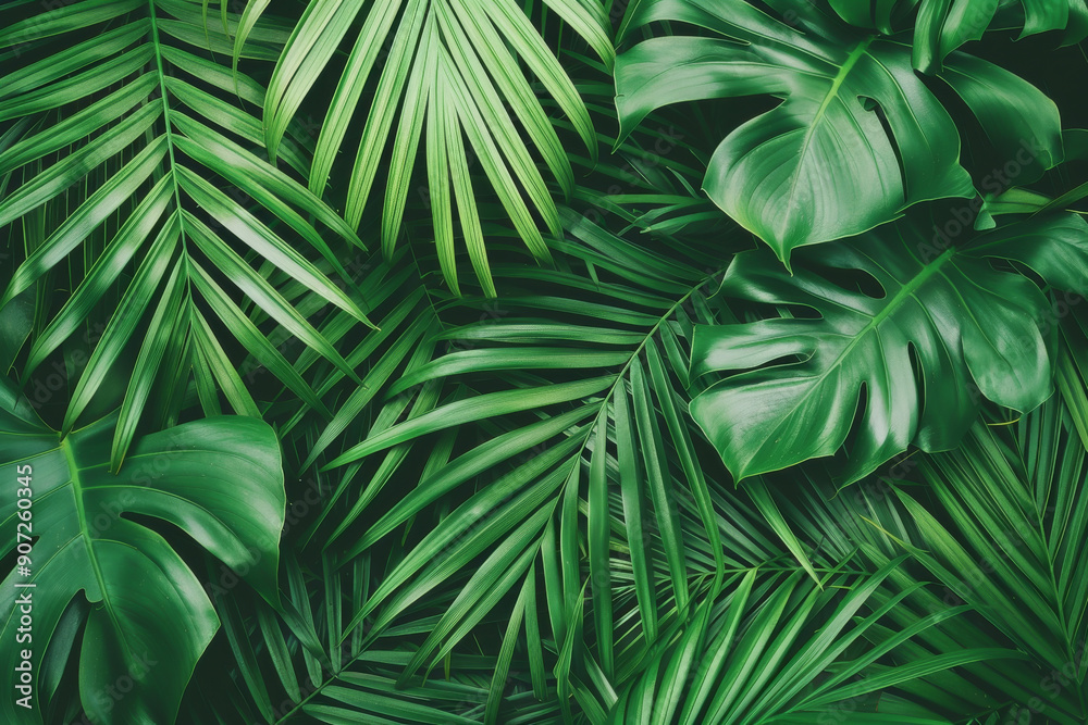 A lush arrangement of green tropical leaves creating a vibrant and natural backdrop, perfect for various design projects. A lush arrangement of green tropical leaves creating a vibrant and natural backdrop, perfect for various design projects.