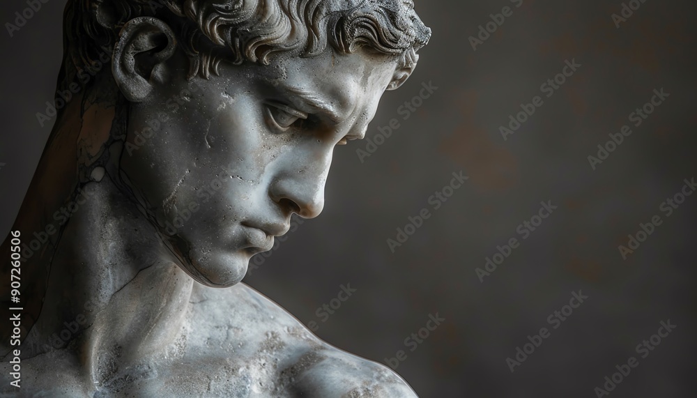 Marble statue of a muscular man, side profile, soft lighting, plain background Marble statue of a muscular man, side profile, soft lighting, plain background