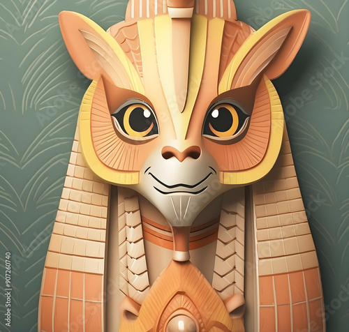 A colorful and whimsical wood carving of a cat associated with Egypt
