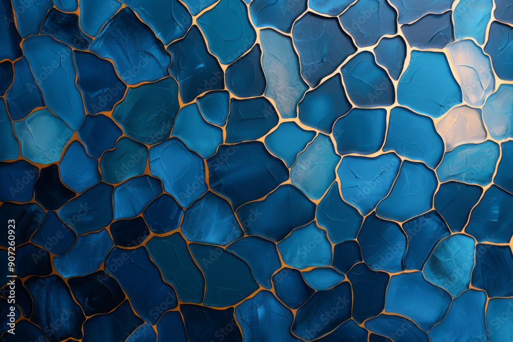 Fototapeta premium A stunning mosaic of blue tiles interspersed with golden edges, creating a mesmerizing abstract pattern for artistic use.