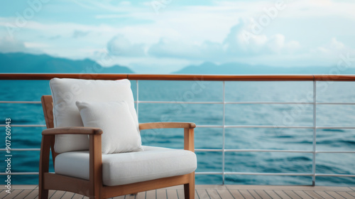 A stylish chair on a scenic deck overlooking serene ocean waters  perfect for relaxation and tranquil moments.