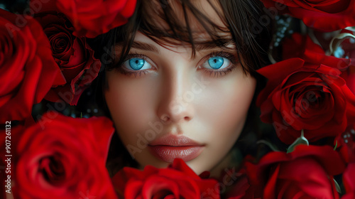 Wallpaper Mural Woman with blue eyes, surrounded by red roses, gothic style Torontodigital.ca