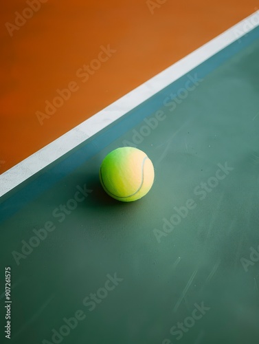 A yellow tennis ball rests on a vibrant green court, captured from a top-angle perspective, showcasing its smooth surface against the textured background. photo