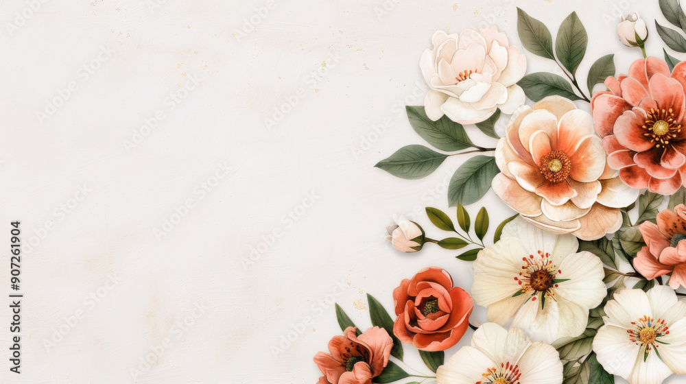 Delicate floral arrangement featuring soft peach and cream blooms with green leaves, perfect for backgrounds or invitations. Delicate floral arrangement featuring soft peach and cream blooms with green leaves, perfect for backgrounds or invitations.