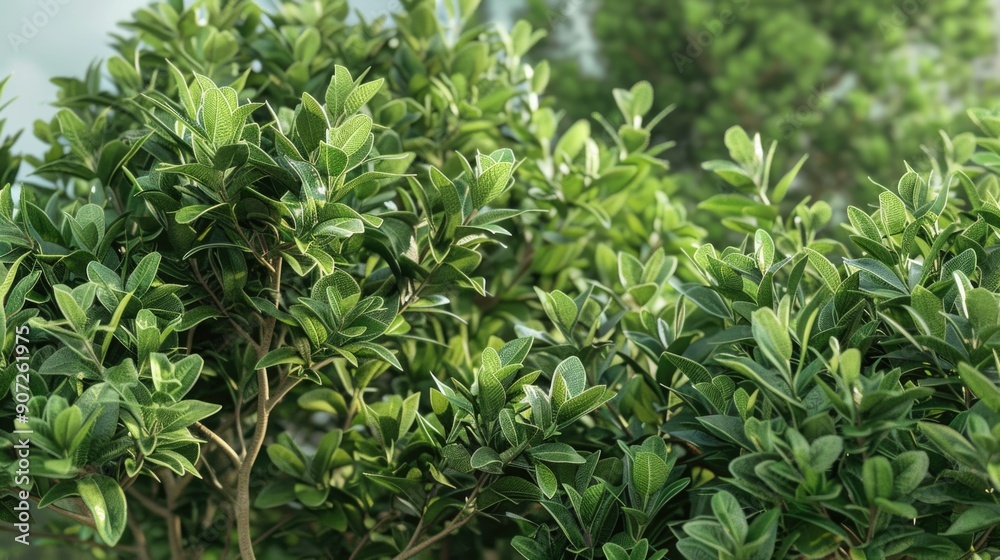 A detailed view of lush green leaves growing on a bush, suitable for use in nature or environmental graphics A detailed view of lush green leaves growing on a bush, suitable for use in nature or environmental graphics