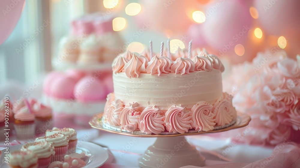 Joyous Birthday Celebration With Pink Themed Cake, Cupcakes, and Festive Decorations in Cozy Venue. Generative AI Joyous Birthday Celebration With Pink Themed Cake, Cupcakes, and Festive Decorations in Cozy Venue. Generative AI