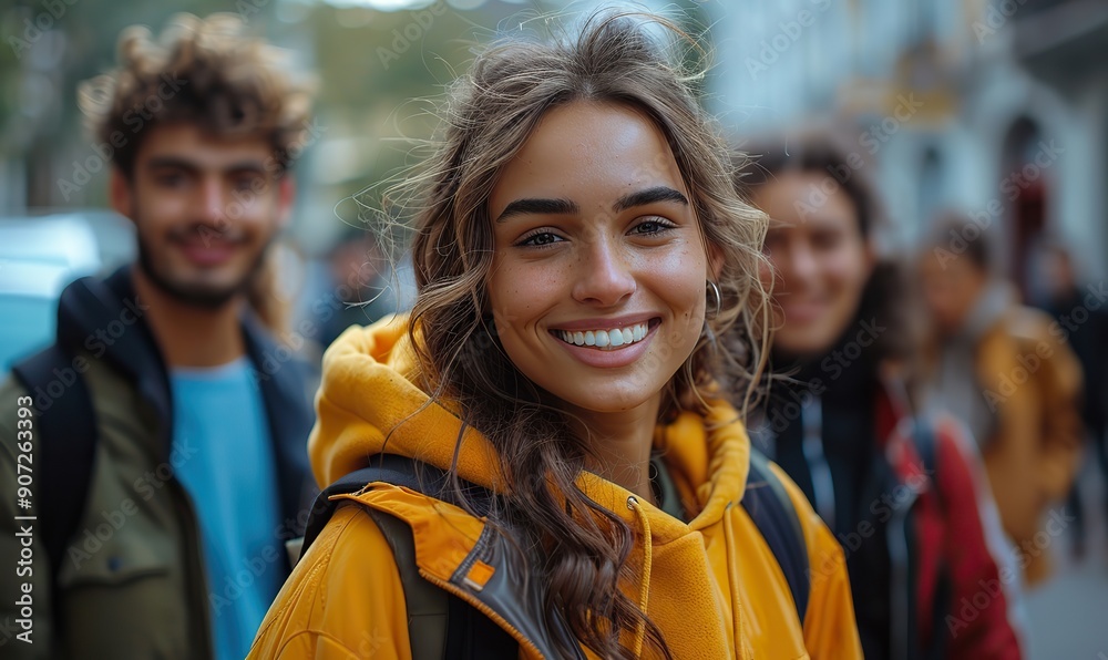 A group of young people, full of cheer, hang out on a city street, walking together and enjoying their time outdoors.