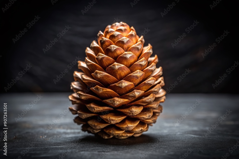 A solitary, intricate spruce cone rests isolated on a sleek black background, its brown scales and delicate details standing out in striking contrast. A solitary, intricate spruce cone rests isolated on a sleek black background, its brown scales and delicate details standing out in striking contrast.