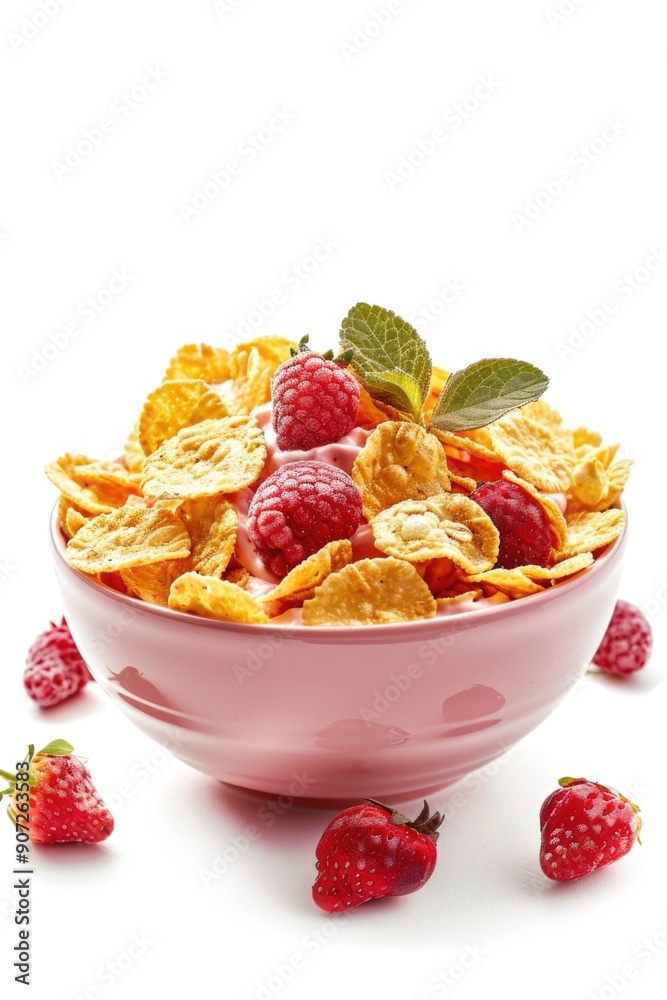 A pink bowl filled with cereal and fresh raspberries, perfect for breakfast or snack A pink bowl filled with cereal and fresh raspberries, perfect for breakfast or snack