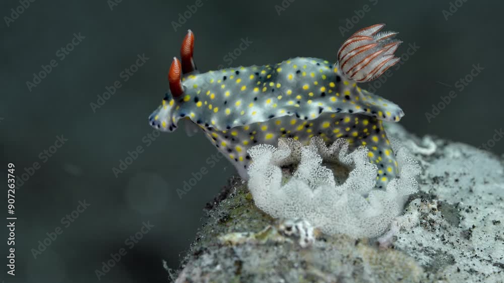 The spotted nudibranch lays its eggs on a round rock that lies on the bottom of a tropical sea. Confetti Hypselodoris (Hypselodoris confetti) 50 mm. The spotted nudibranch lays its eggs on a round rock that lies on the bottom of a tropical sea. Confetti Hypselodoris (Hypselodoris confetti) 50 mm.
