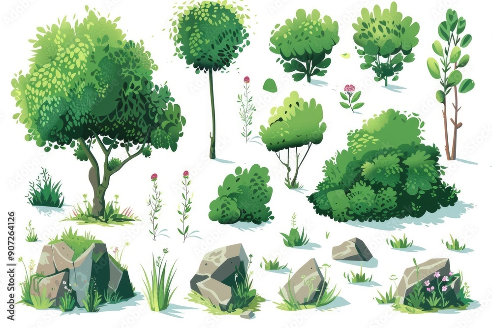 Fototapeta premium A serene forest scene featuring various types of trees and shrubs