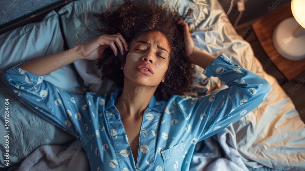 Fototapeta premium Sick biracial woman wearing blue pyjamas touching her head in bedroom 