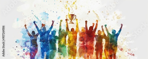 A group of people are celebrating with a trophy in the background. The people are in various colors and are holding up their arms in excitement. The trophy is placed in the middle of the group