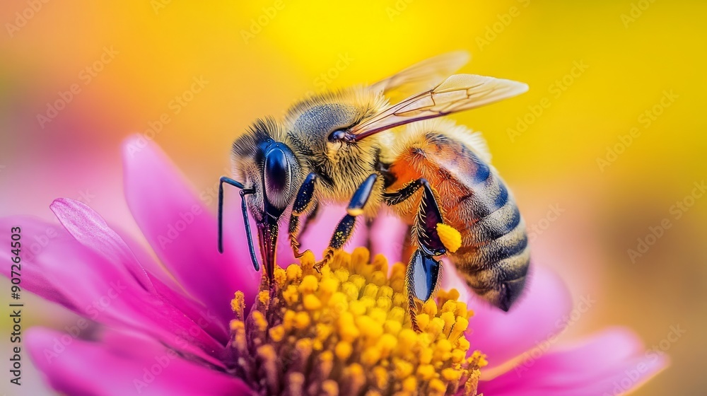 A Honeybee Gathering Nectar from a Pink Flower A Honeybee Gathering Nectar from a Pink Flower