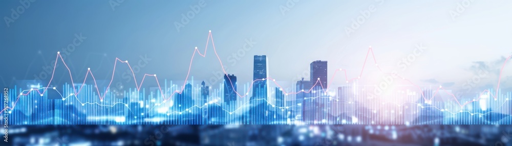 A futuristic city skyline with digital graphs and blue tones representing technology and innovation in urban development.