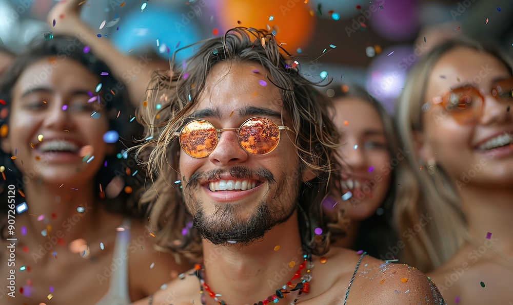 A group of young people throw confetti in the air at a festival party, having fun and enjoying summer vacation together with laughter and celebration. A group of young people throw confetti in the air at a festival party, having fun and enjoying summer vacation together with laughter and celebration.
