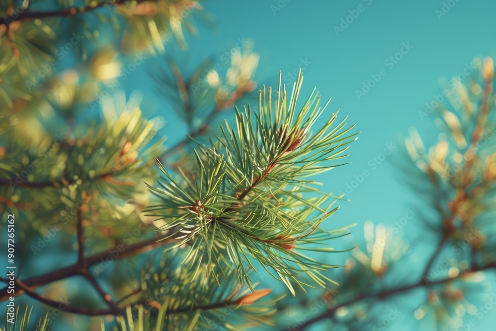 A close-up shot of a pine tree against a bright blue sky A close-up shot of a pine tree against a bright blue sky