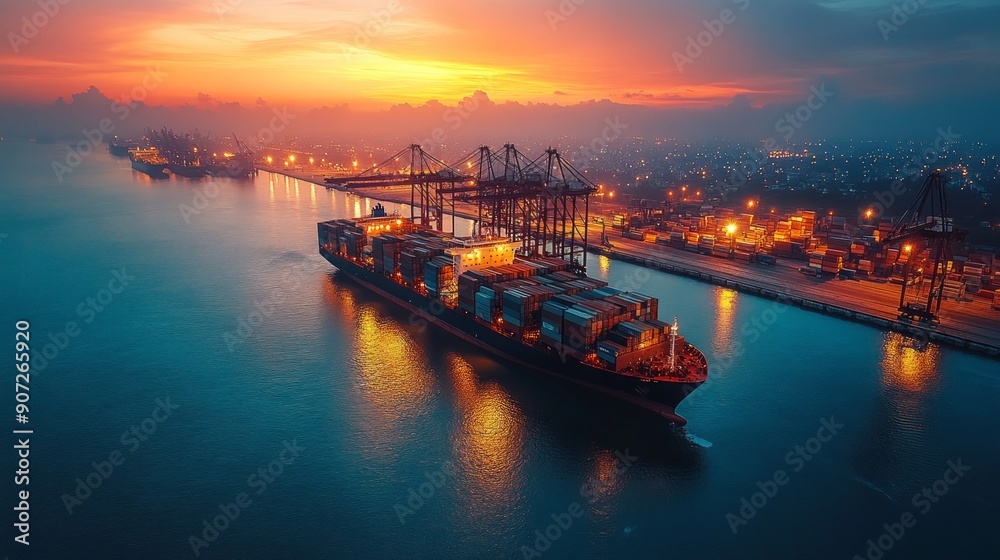 Obraz premium Container Ship Leaving Port at Sunset