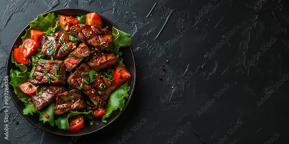 Grilled Beef Steak with Fresh Salad on a Dark Plate Grilled Beef Steak with Fresh Salad on a Dark Plate