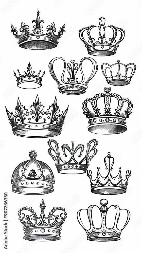 Doodle crowns. Line art king or queen crown sketch Doodle crowns. Line art king or queen crown sketch