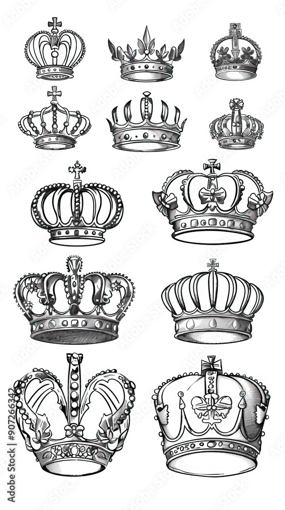 Doodle crowns. Line art king or queen crown sketch Doodle crowns. Line art king or queen crown sketch