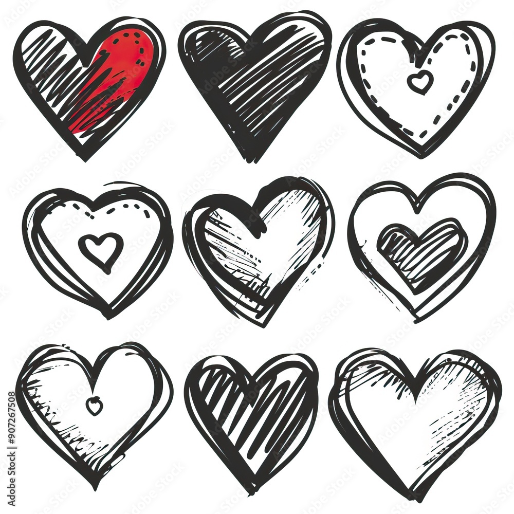Doodle hearts sketch set. Various different hand drawn heart icon love collection isolated on white background Doodle hearts sketch set. Various different hand drawn heart icon love collection isolated on white background