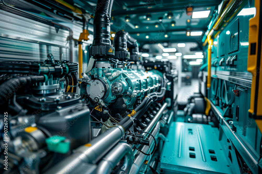 Detailed view of a hydrogen fuel engine inside a sustainable transport truck Detailed view of a hydrogen fuel engine inside a sustainable transport truck