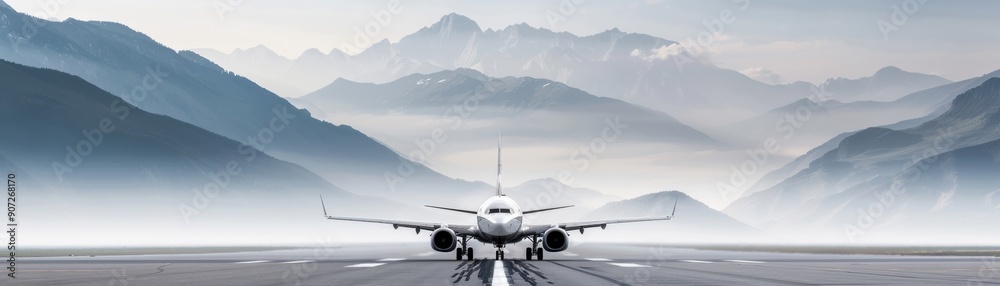 A majestic airplane prepares for takeoff against a stunning mountain backdrop, blending technology with nature's beauty. A majestic airplane prepares for takeoff against a stunning mountain backdrop, blending technology with nature's beauty.