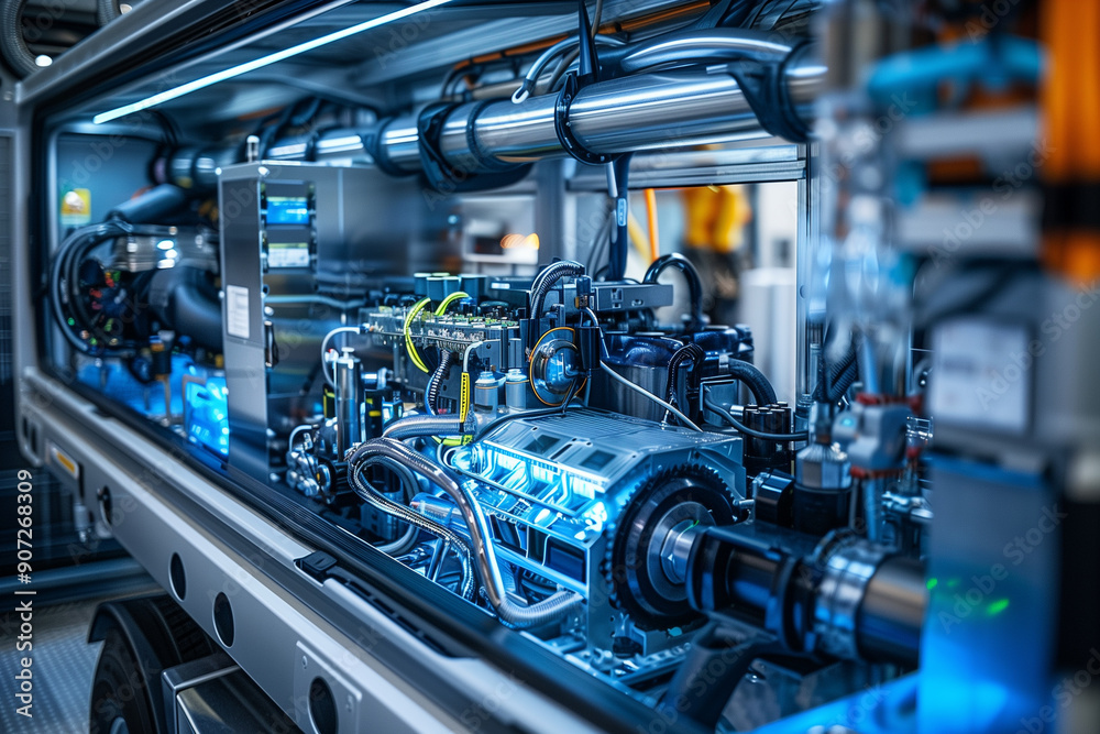 Obraz premium Detailed view of a hydrogen fuel engine inside a sustainable transport truck