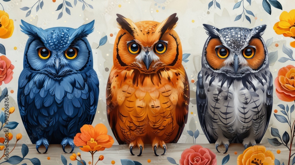 A seamless pattern of vividly colored owls in unique postures, adorned with floral motifs on a gentle pastel backdrop. A seamless pattern of vividly colored owls in unique postures, adorned with floral motifs on a gentle pastel backdrop.
