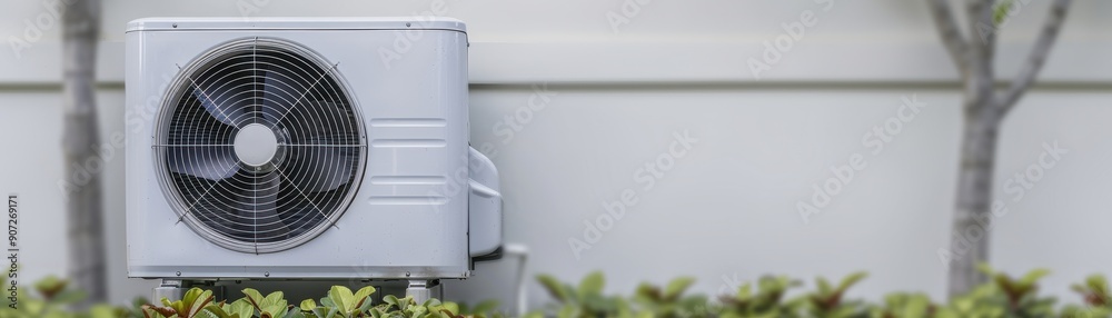 A modern air conditioning unit installed outside, surrounded by lush greenery, showcasing efficiency and outdoor comfort. A modern air conditioning unit installed outside, surrounded by lush greenery, showcasing efficiency and outdoor comfort.