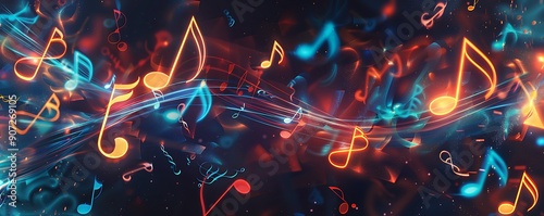 Modern Musical Album Cover Featuring Glowing Notes and Abstract Patterns..