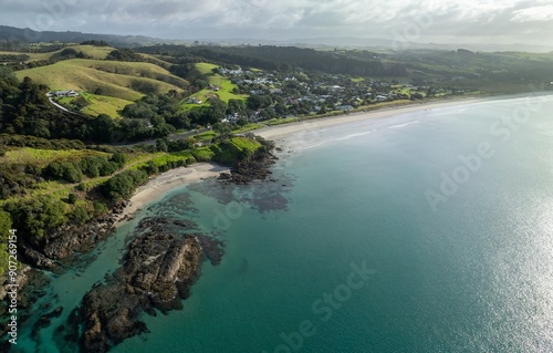Farmland and the ocean coastline of Bream Bay in the town of Waipu, Northland, New Zealand. photo