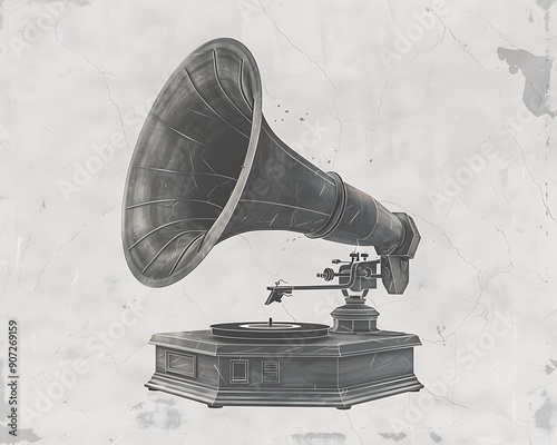 Modern Musical Album Cover Featuring a Monochrome Gramophone and Grunge Texture..