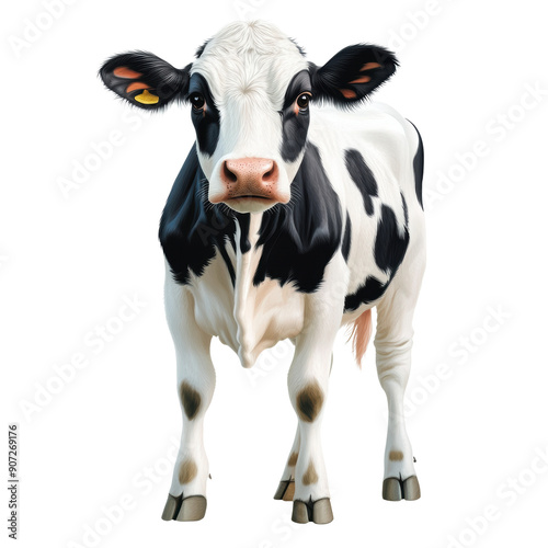 A cow with a yellow tag on its ear stands in front of a white background