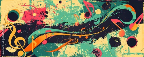 Modern Album Cover Featuring Psychedelic Art with Musical Symbols on Grunge..