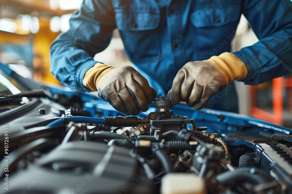 Close up of mechanic working on car engine in auto repair shop Close up of mechanic working on car engine in auto repair shop