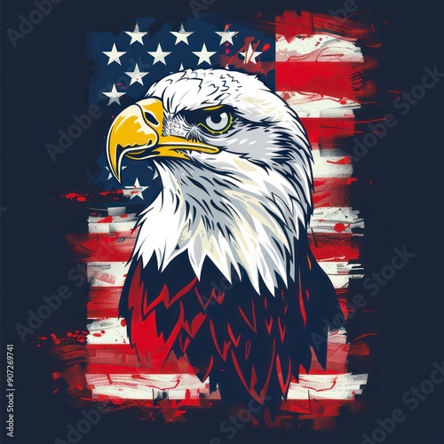 American-themed T-shirts with illustrations of eagles and owls, adorned with flag patterns, blend patriotism and nature in eye-catching cartoon styles. photo